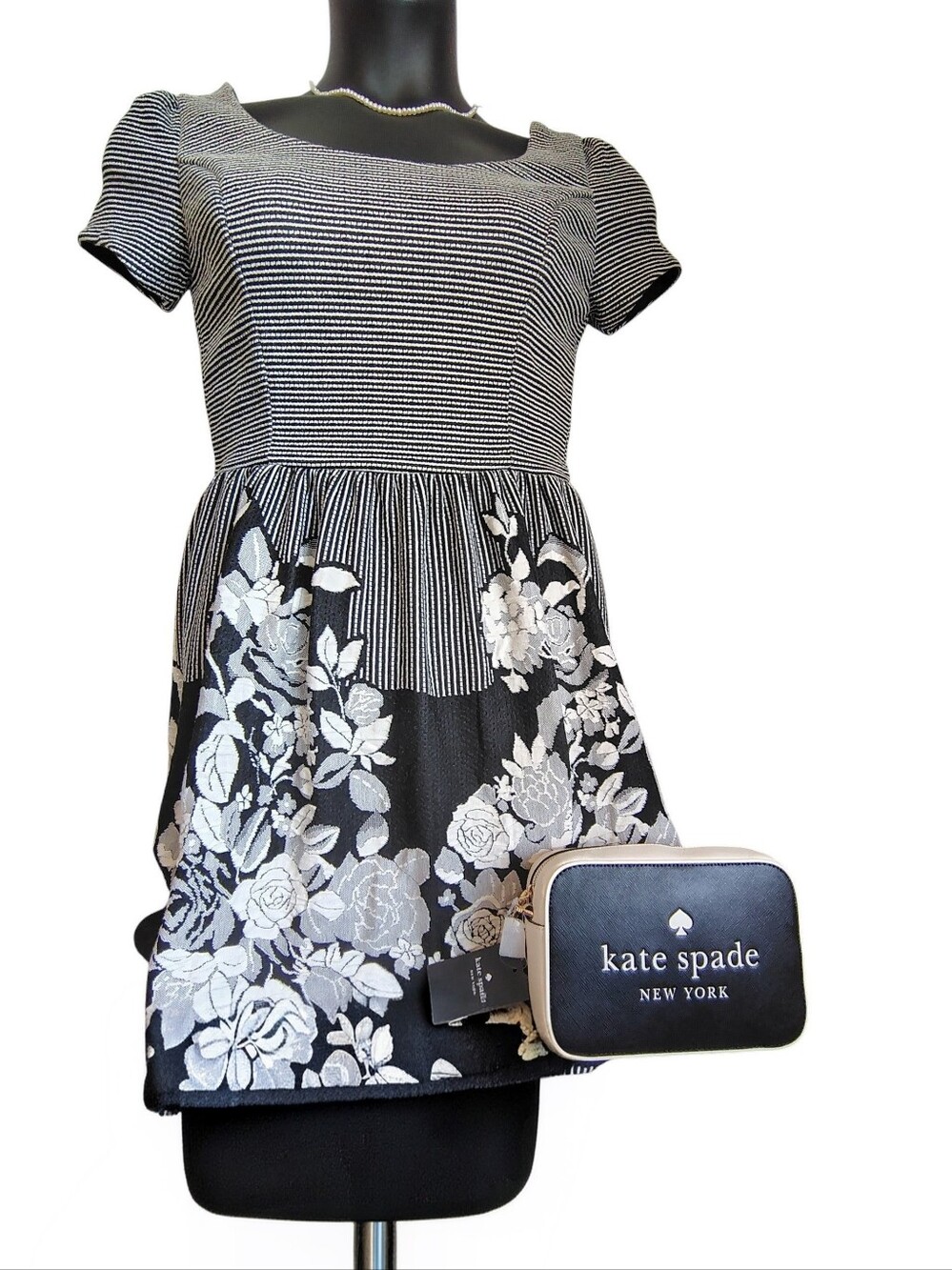 🌷miami Black and White Striped Bodice Floral Skater Dress Size Medium NWT🌷